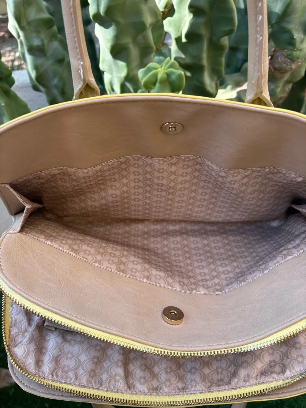 Yellow Tote Handbag with Beige Handles